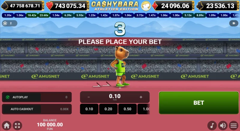 Cashybara Athletics Edition - pantalla principal de la carrera con contador de multiplicadores